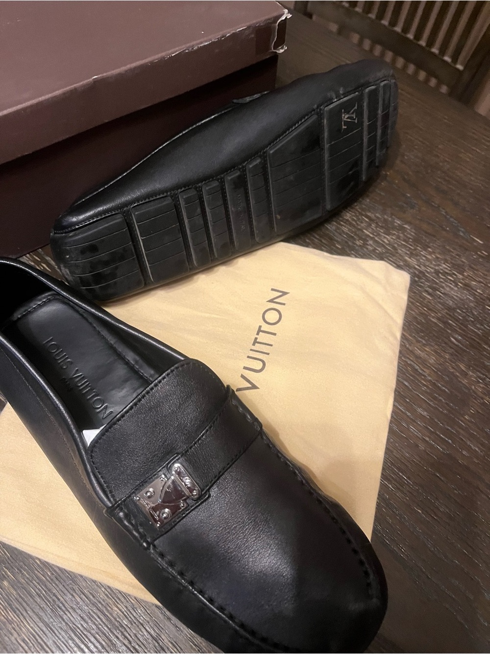 Louis Vuitton Black Leather Men’s Slip-On Loafers with Silver LV Plaque